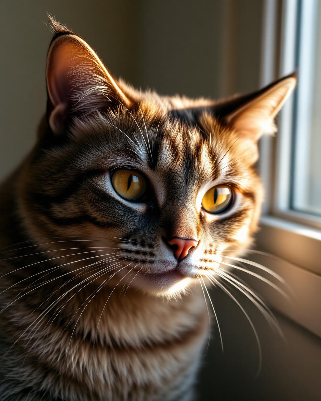 Maine Coon med kopparfärgade ögon i mjukt fönsterljus